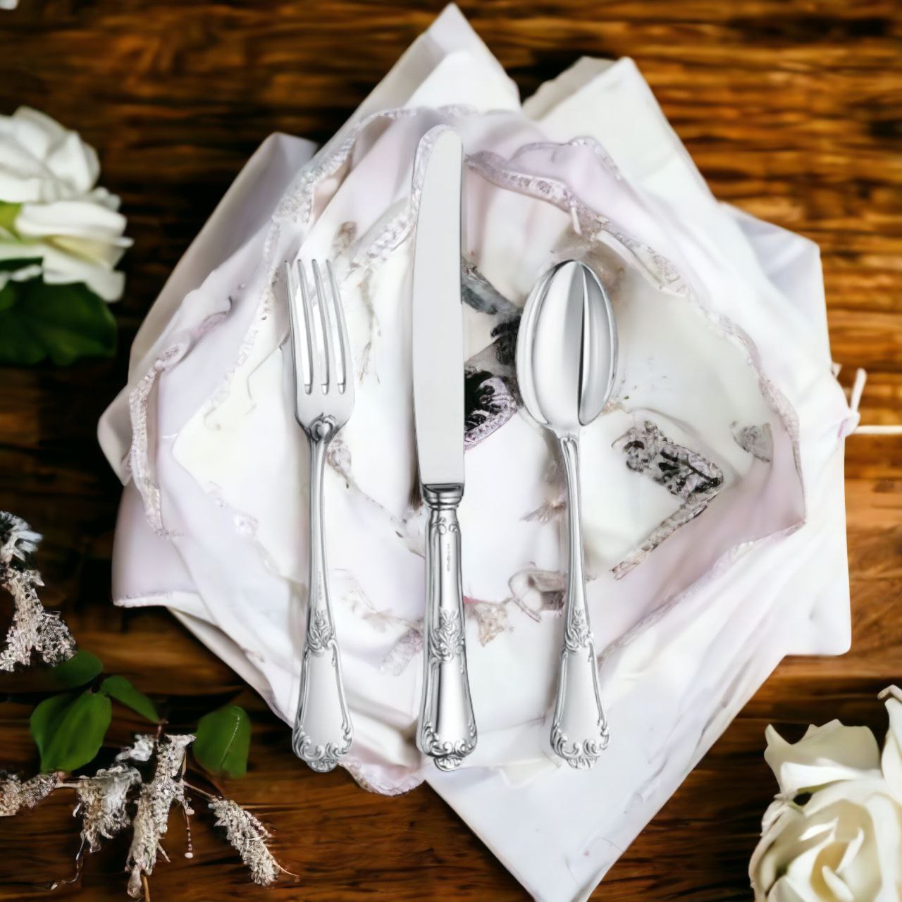 Silver Table 3 pieces Set Floral design (spoon, fork, knife)