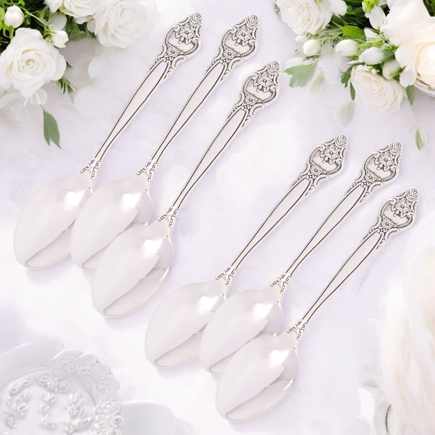 Handcrafted 925 Sterling Silver Rosette Tea Spoon Set for 6 - Timeless Elegance - Memorable Gift