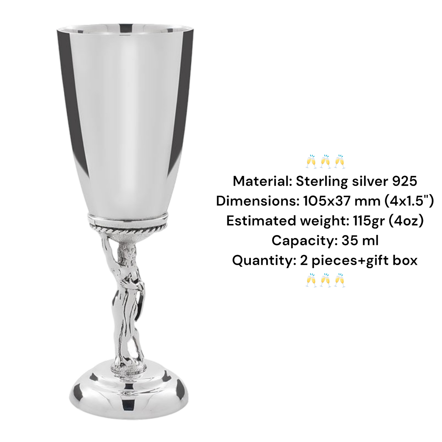 Sterling Silver Short Glasses Gift Set with a Girl Shape Stem for 2 Person in a Gift Box