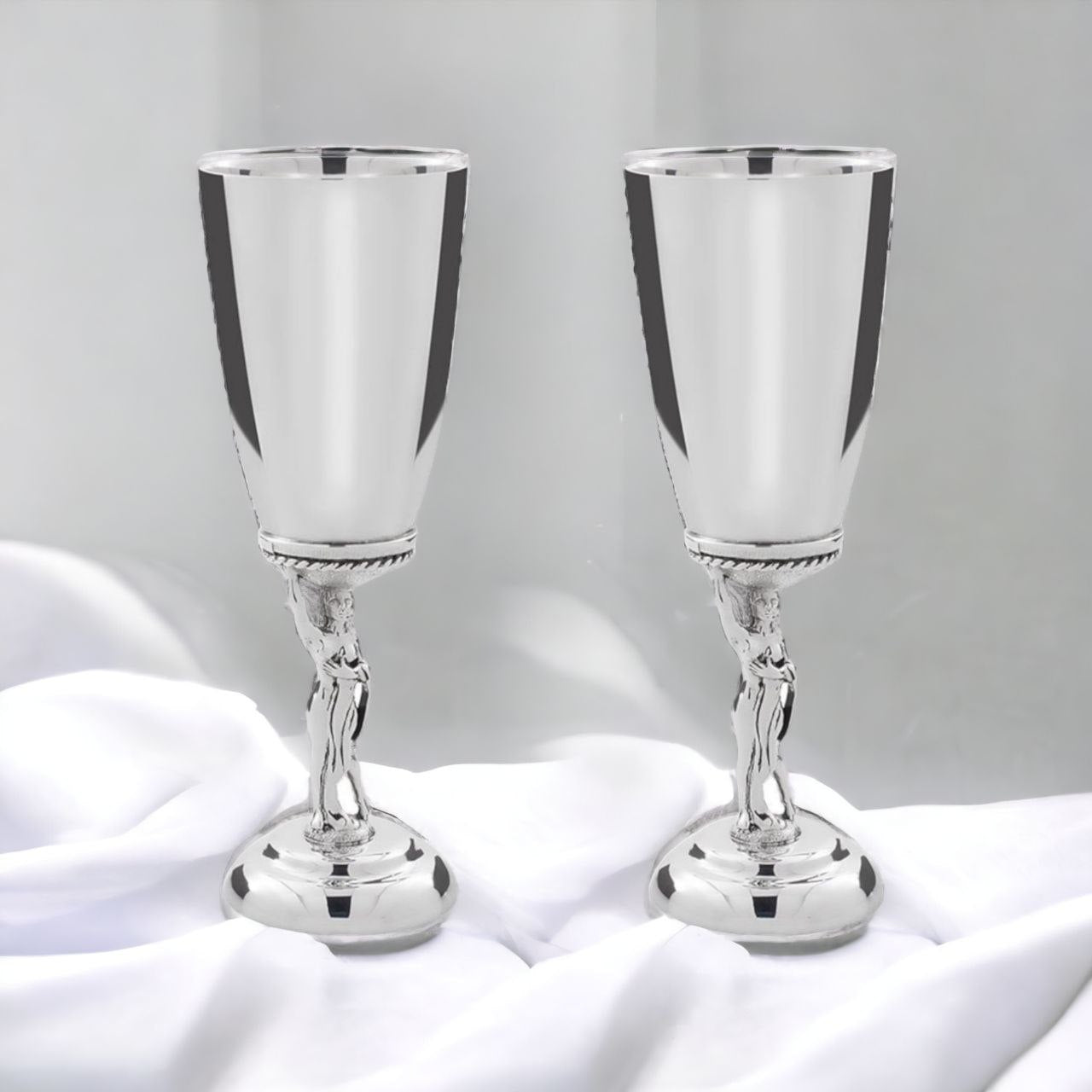 Sterling Silver Short Glasses Gift Set with a Girl Shape Stem for 2 Person in a Gift Box