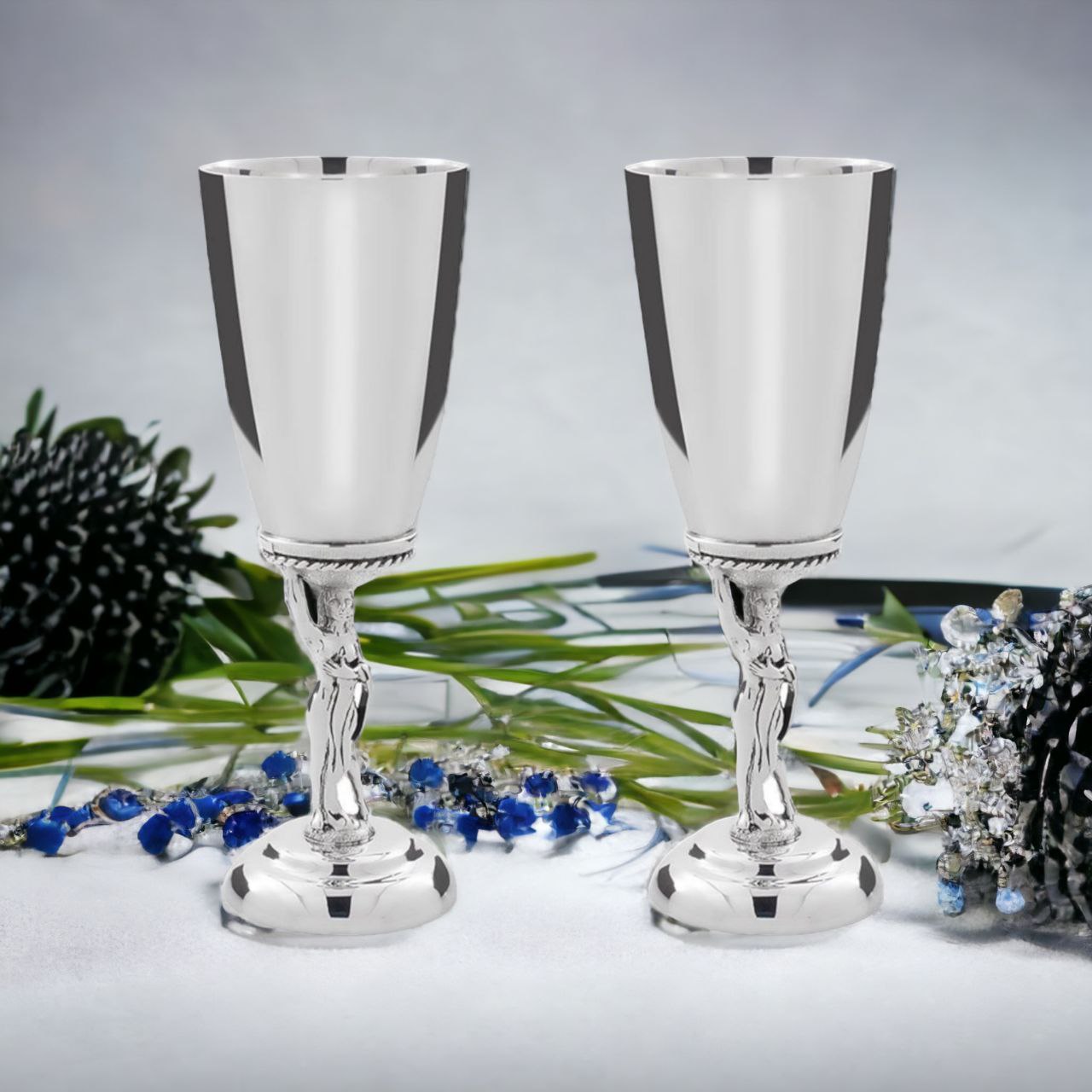 Sterling Silver Short Glasses Gift Set with a Girl Shape Stem for 2 Person in a Gift Box