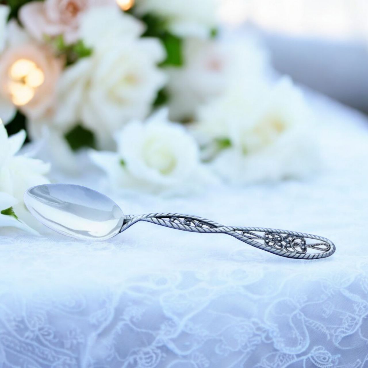 Handcrafted Sterling Silver Tea Spoon with Intricate Vintage Handle - Elegant Artisanal Silverware