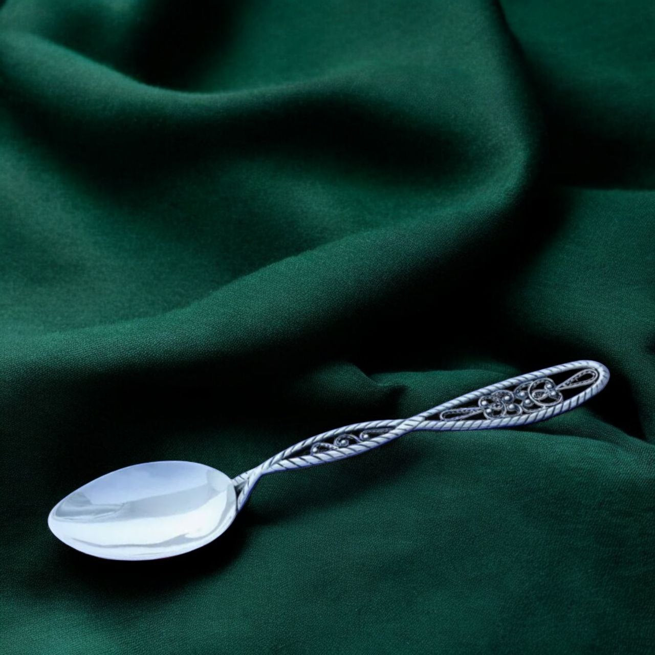 Handcrafted Sterling Silver Tea Spoon with Intricate Vintage Handle - Elegant Artisanal Silverware