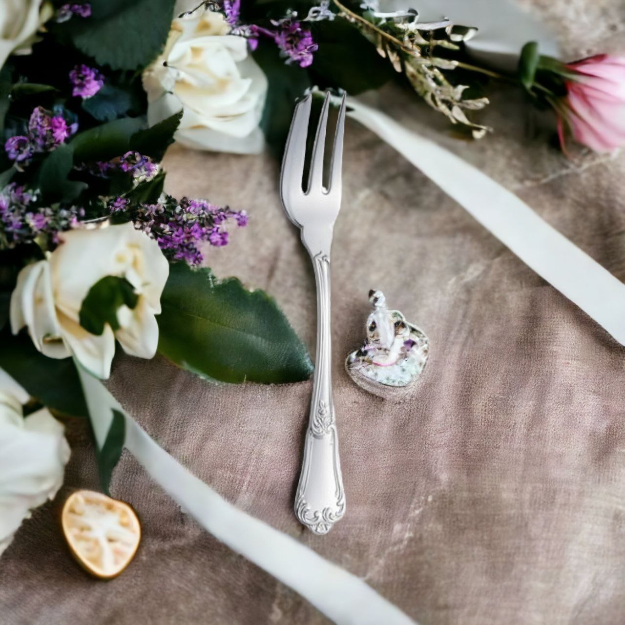 Silver Cake Fork Floral design